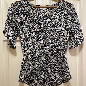 SIENNA SKY Navy Blue & Cream V-neck Peplum Short Sleeve Blouse Sz S
